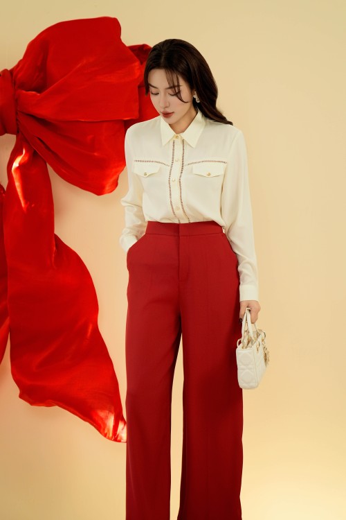 Sixdo Dark Red Wide Leg Silk Pants