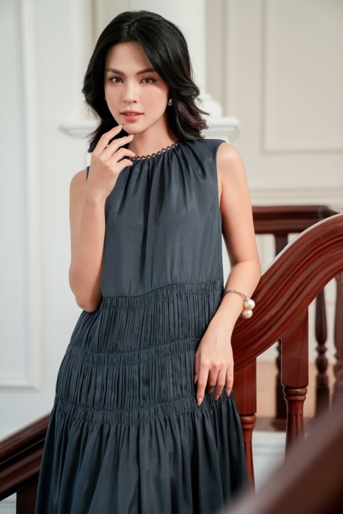 Sixdo Navy Organza Maxi Dress