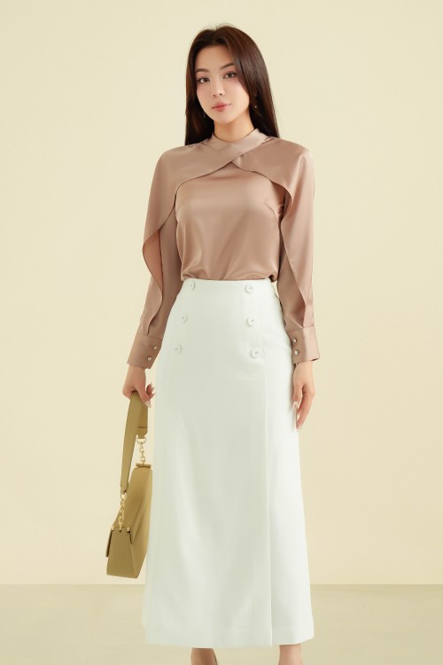 Sixdo White Straight Midi Woven Skirt 1