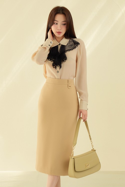 Sixdo Yellowish Brown Straight Woven Midi Skirt 1