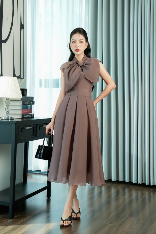 Sixdo Brown Bow-tie Organza Midi Dress