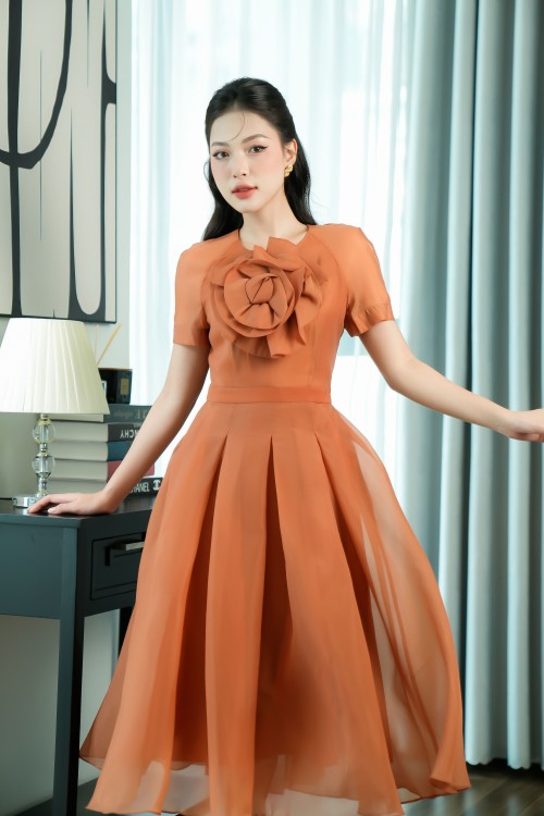 Sixdo Ochre 3D Flower Organza Midi Dress