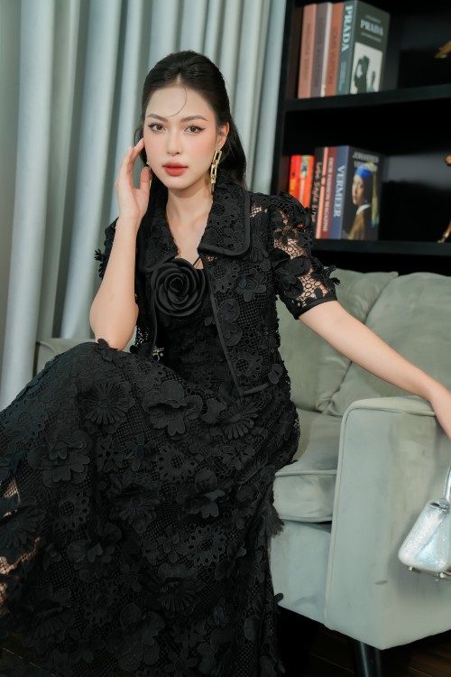 Sixdo Black Floral Lace Dress And Vest Set