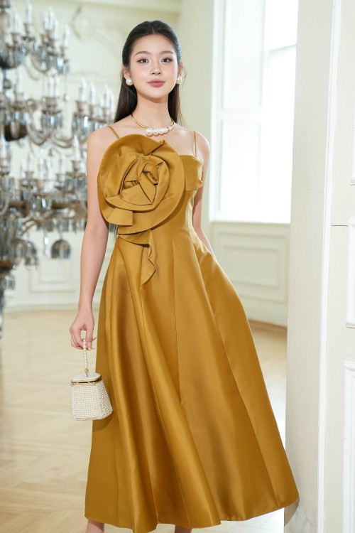 Sixdo Dark Yellow Strappy Midi Taffeta Dress