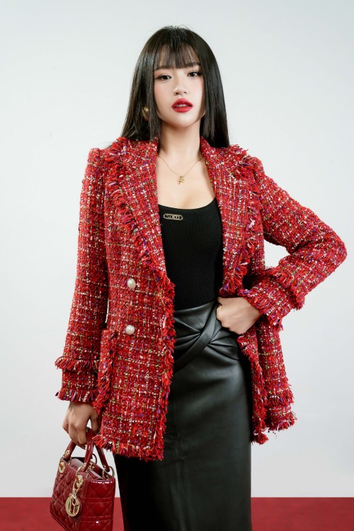 Sixdo Red Long Sleeves Tweed Vest