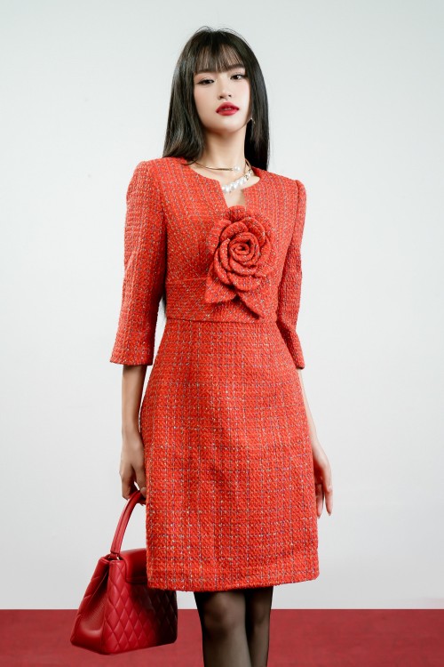 Sixdo Red Orange Mini Tweed Dress With Flower