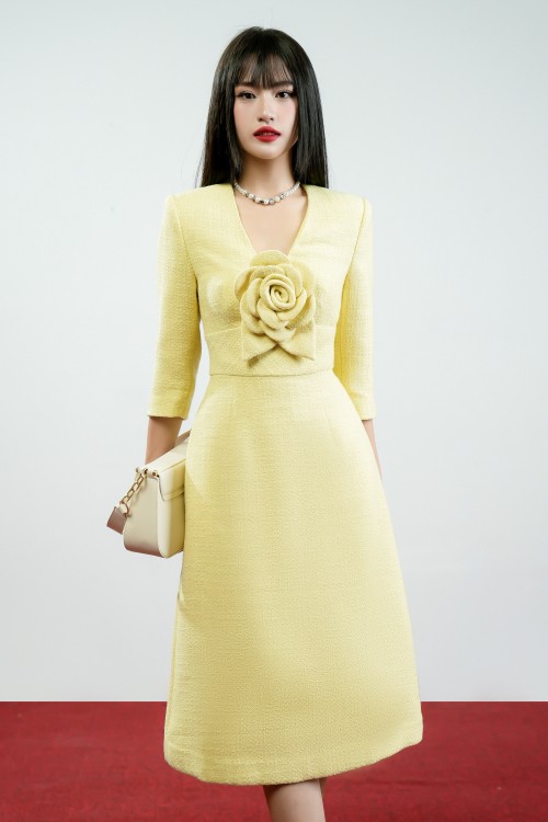 Sixdo Neon Yellow Midi Tweed Dress With Flower