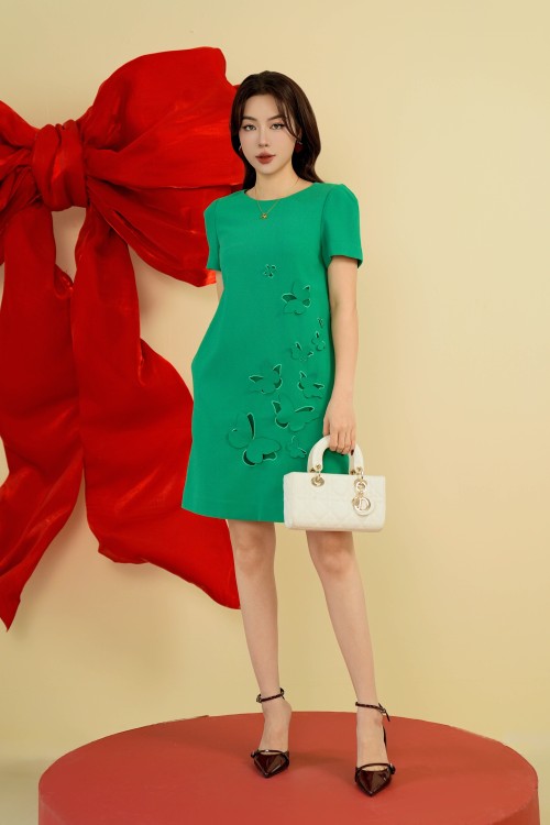 Sixdo Green Short Sleeves Woven Mini Dress