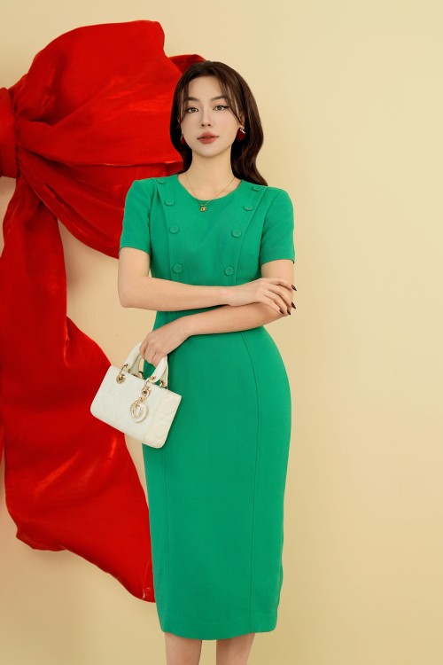 Sixdo Green Woven Midi Dress