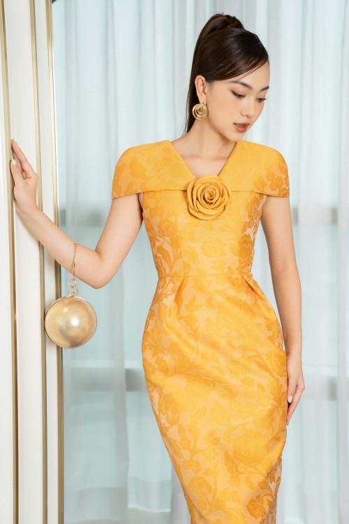 Sixdo Dark Yellow V-neck Midi Brocade Dress