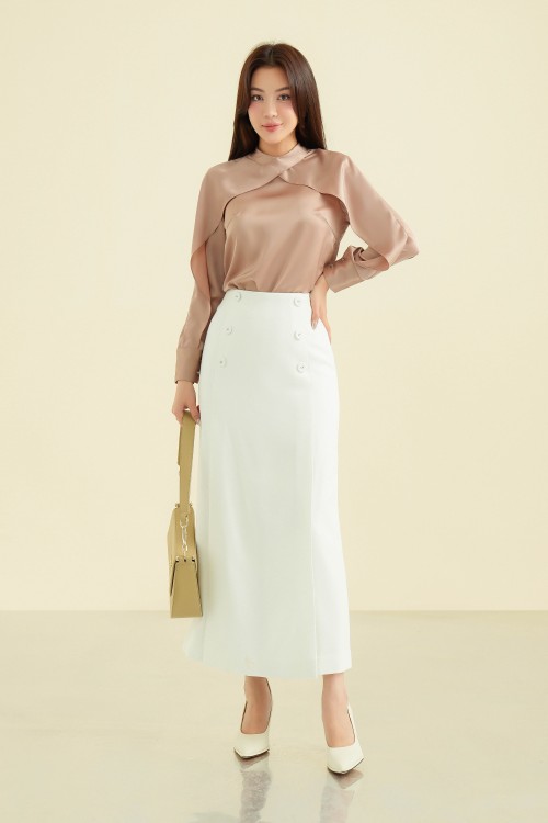 White Straight Midi Woven Skirt 1