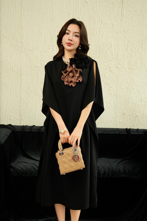 Batwing Silk Midi Dress With Flower