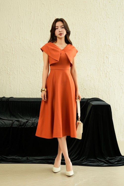 Orange Woven Midi Dress