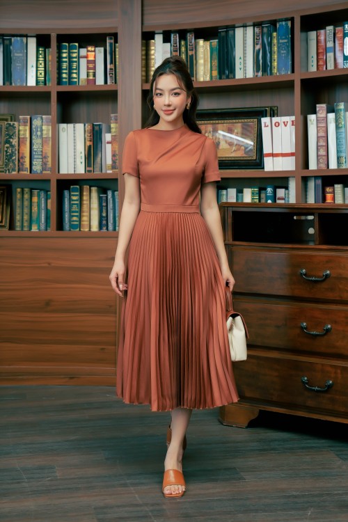 Brown Pleated Tuytsi Flared Dress