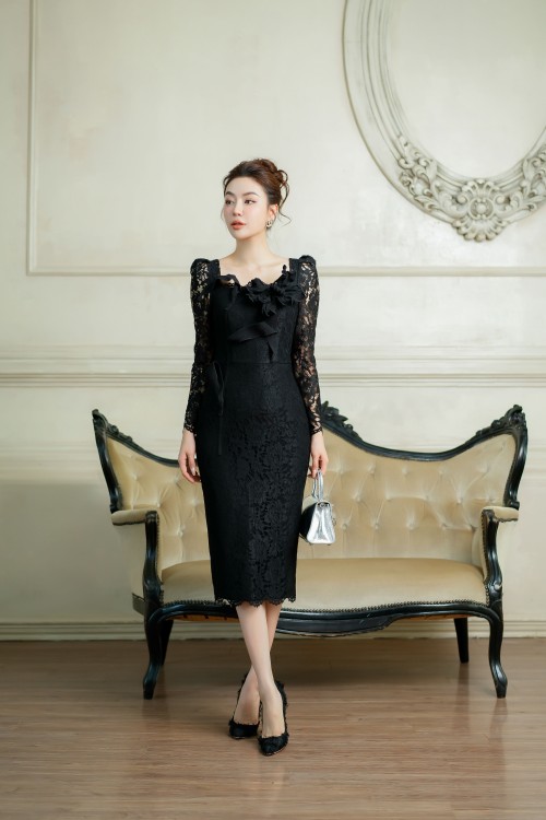 Black Floral Midi Lace Dress