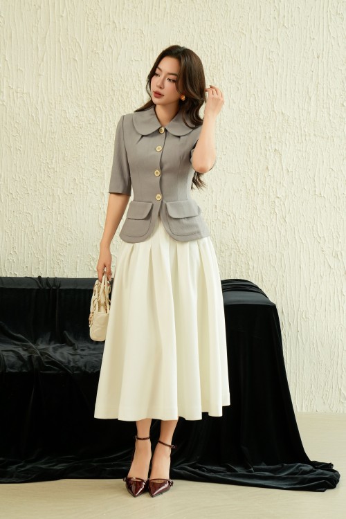 White Pleated Midi Raw Skirt 1