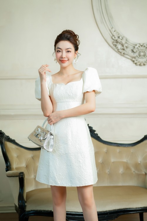White Puff-sleeves Mini Brocade Dress