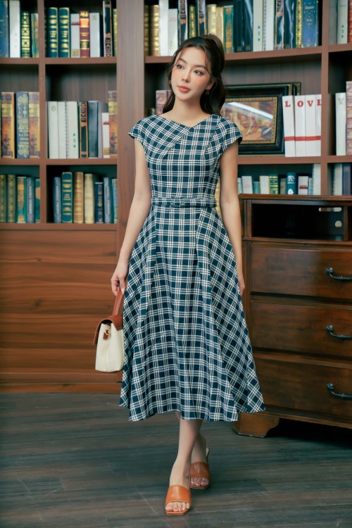 Black Check Midi Raw Dress