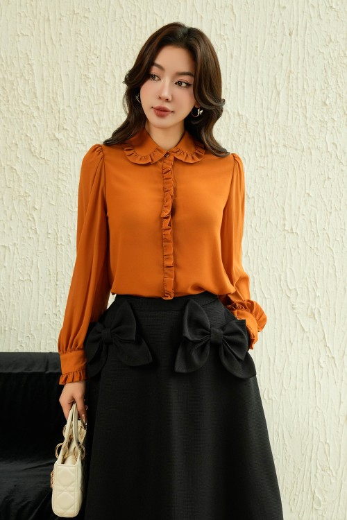 Dark Orange Long Sleeves Chiffon Shirt