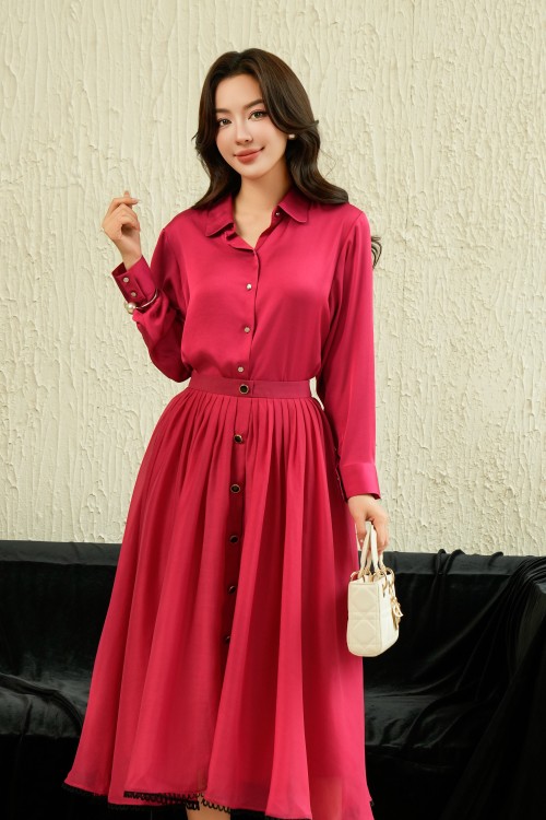 Dark Pink Long Sleeves Silk Shirt