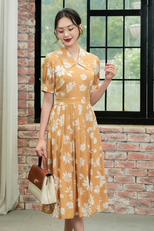 Light Brown Floral Pleated MidiVoile Dress