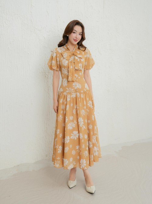 Yellowish-brown Floral Bowtie Midi Voile Dress