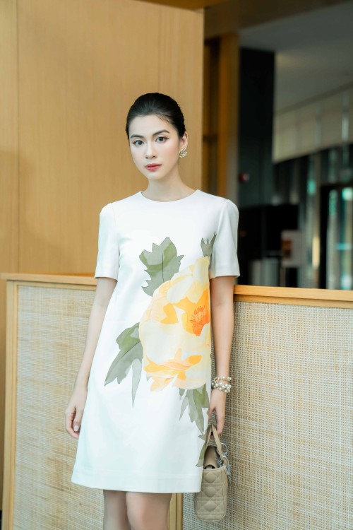 Cream Floral Print Silk Loose Dress
