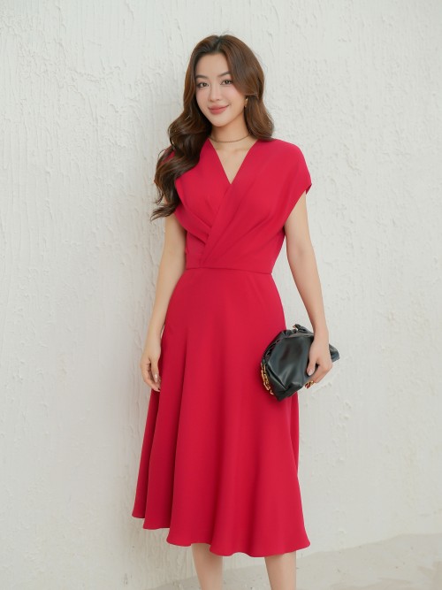 Red V-neck Silk Midi Dress