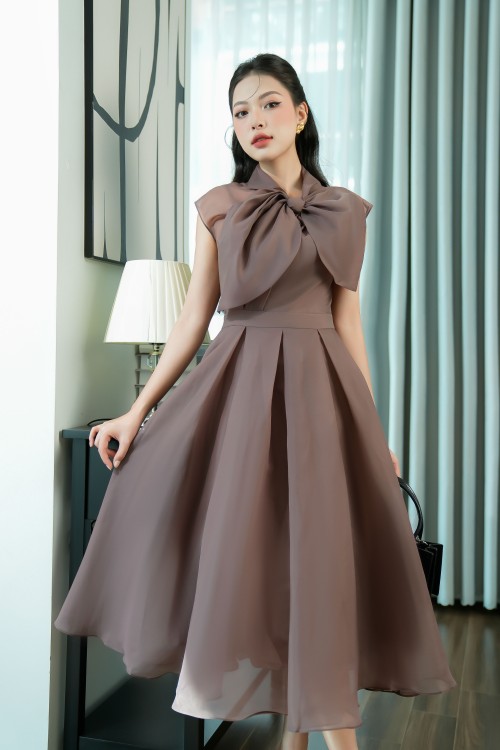 Brown Bow-tie Organza Midi Dress