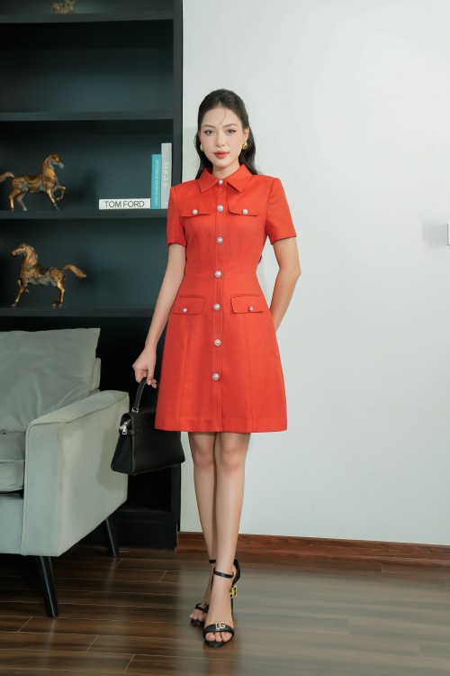 Red Orange Short Sleeves Dress