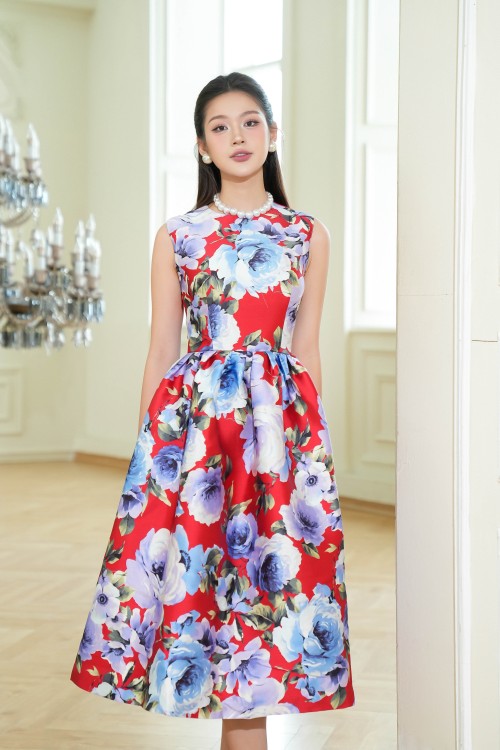 Red Floral Midi Taffeta Dress