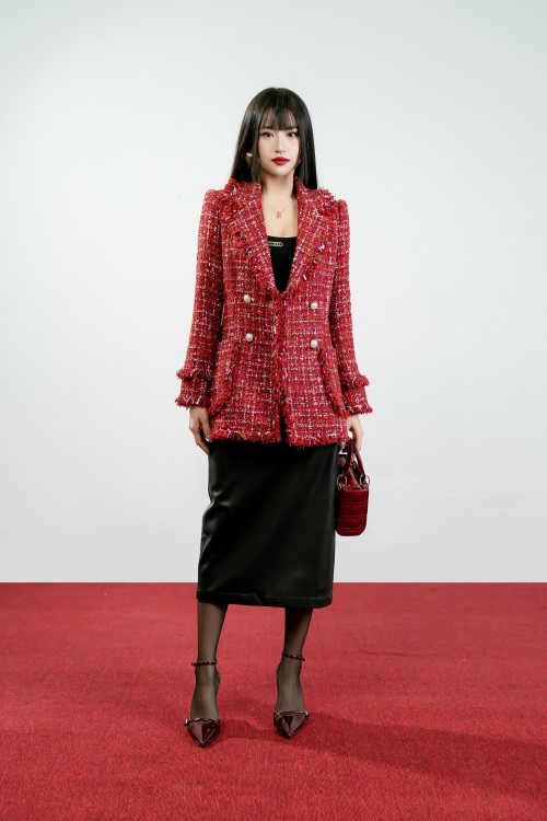 Red Long Sleeves Tweed Vest