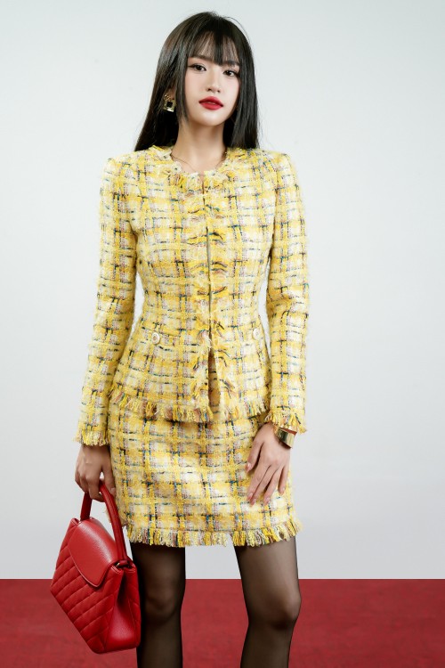 Yellow Check Long Sleeves Tweed Vest