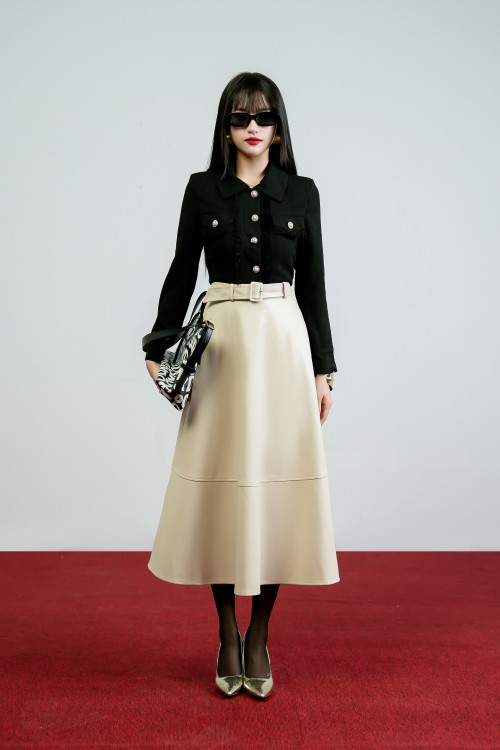 Cream Gathered Midi Leather Skirt