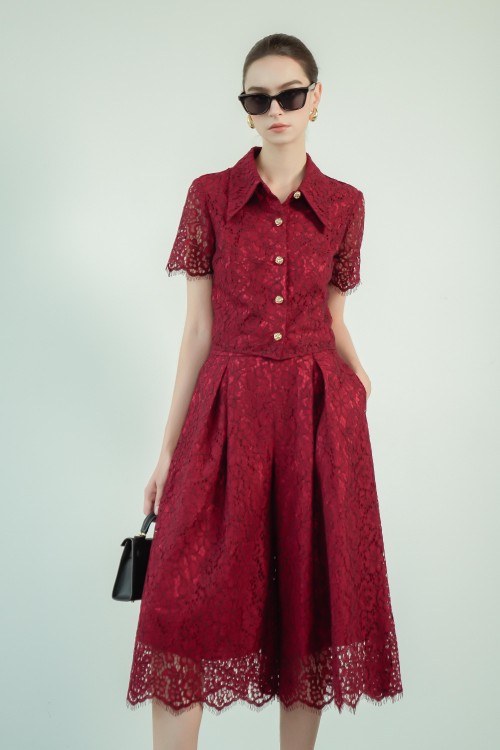 Dark Red Short Sleeves Lace Shirt