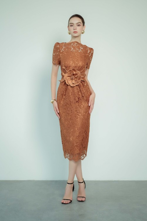 Brown 3D Flower Lace Pencil Dress