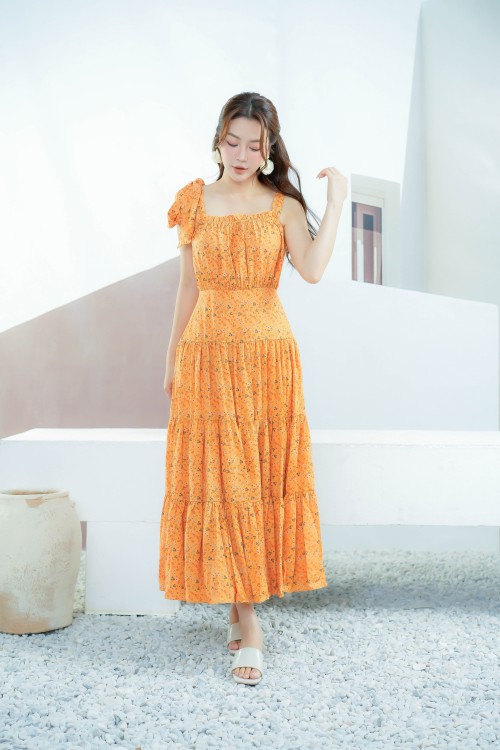Orange Floral Strappy Midi Silk Dress