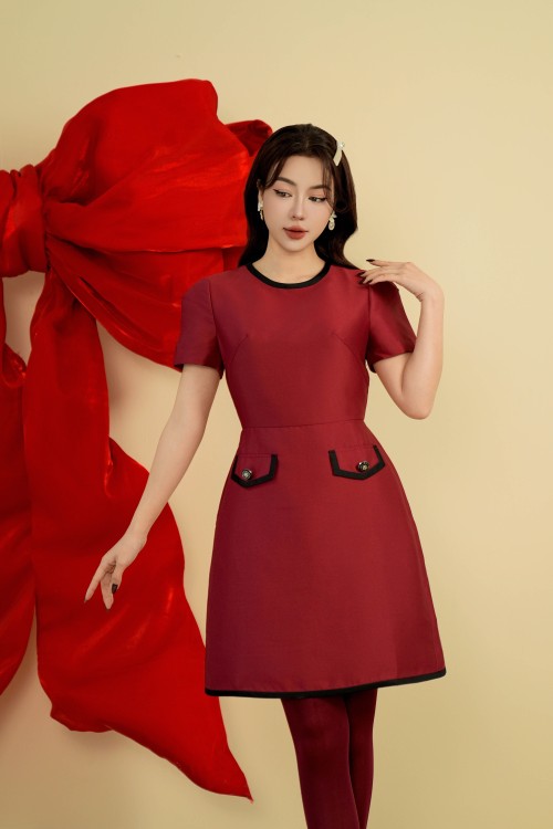 Wine Short Sleeves Mini Taffeta Dress