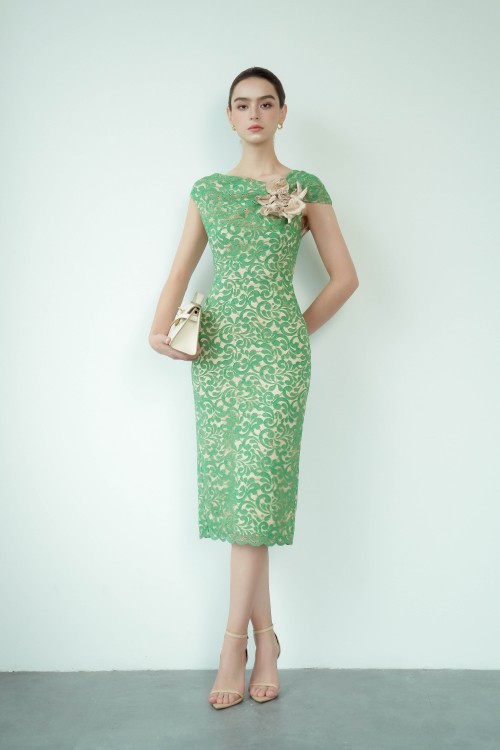 Green Lace Pencil Dress With Flower