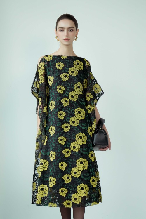 Green & Yellow Lace Loose Dress With Flower