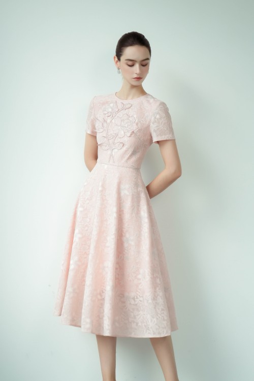 Light Pink 3D Flower Lace Flared Dress