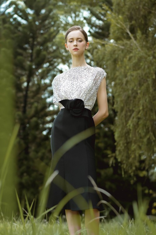 Black & Cream Lace Flared Dress With Flower