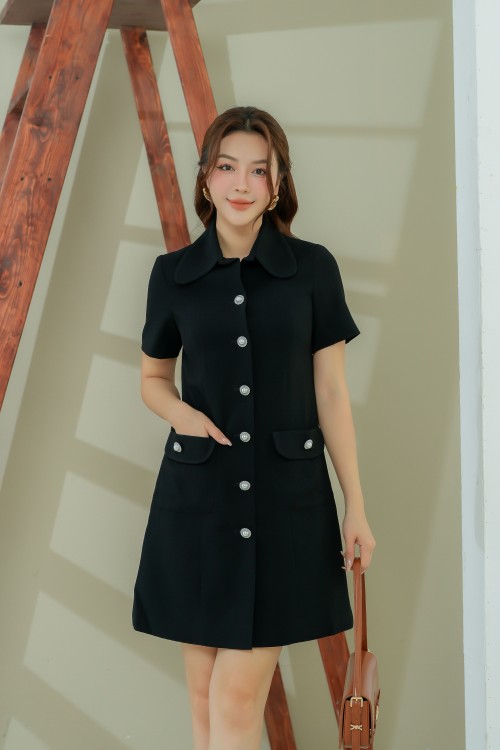 Black Short Sleeves Mini Woven Dress