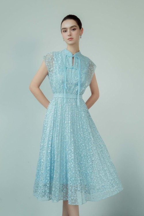 Light Blue Pleated Lace Flared Dress