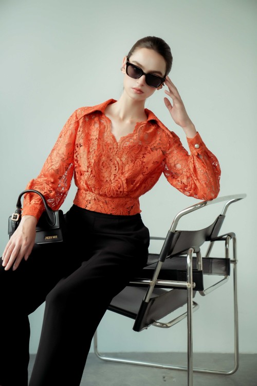 Orange Long Sleeves Lace Blouse