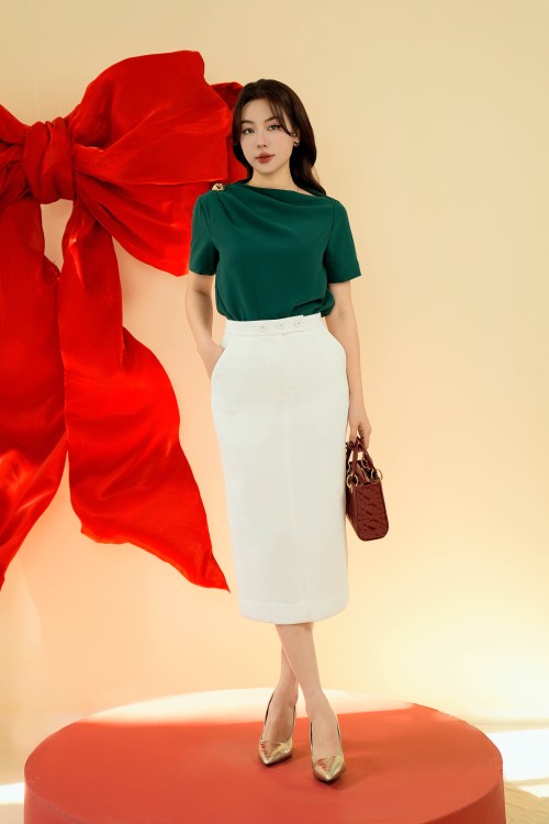 White Straight Midi Woven Skirt 2