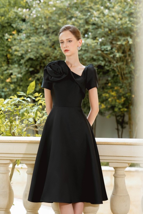 Black 3D Flower Taffeta Midi Dress