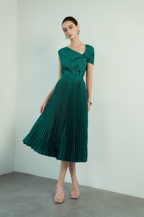 Dark Green Pleated Brocade Flared Skirt