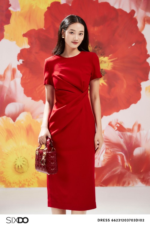 Red Short Sleeves Woven Midi Dress