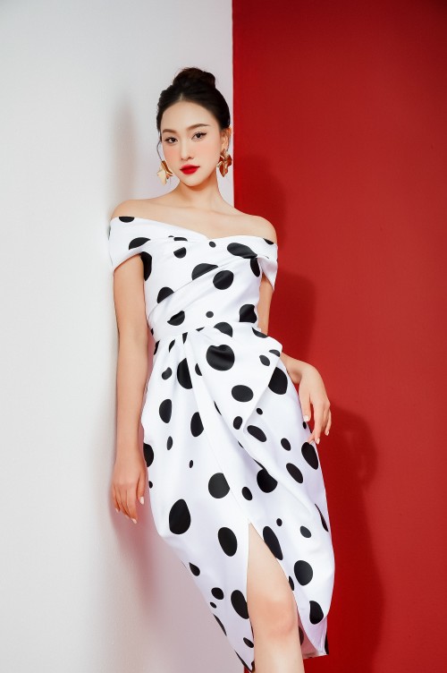 White Polka Dots Midi Taffeta Dress